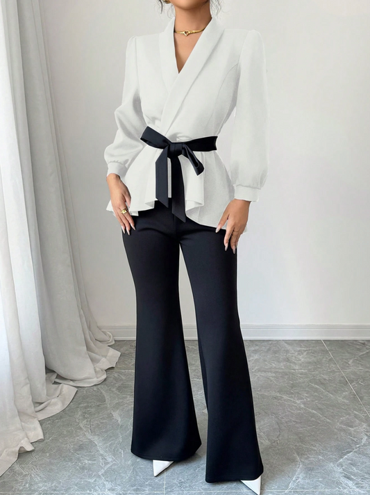 Set 2 Piese Moderne Bluză și Pantaloni 2026 Alb