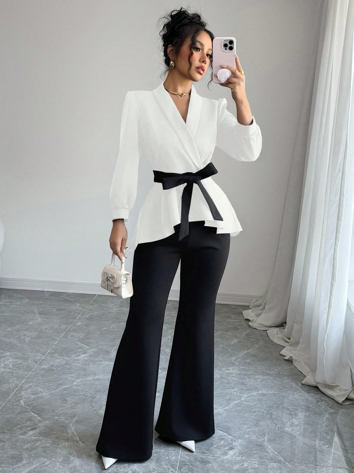 Set 2 Piese Moderne Bluză și Pantaloni 2026 Alb