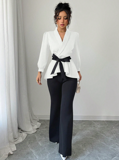 Set 2 Piese Moderne Bluză și Pantaloni 2026 Alb